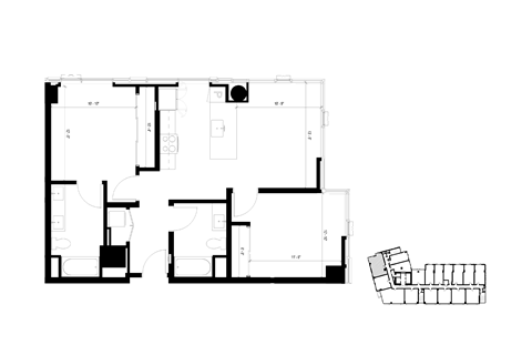 Floor plan for 2 beds, 2 baths, 933 sqft